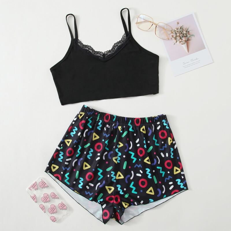 

Lace Trim Graphic PJ Set, Black