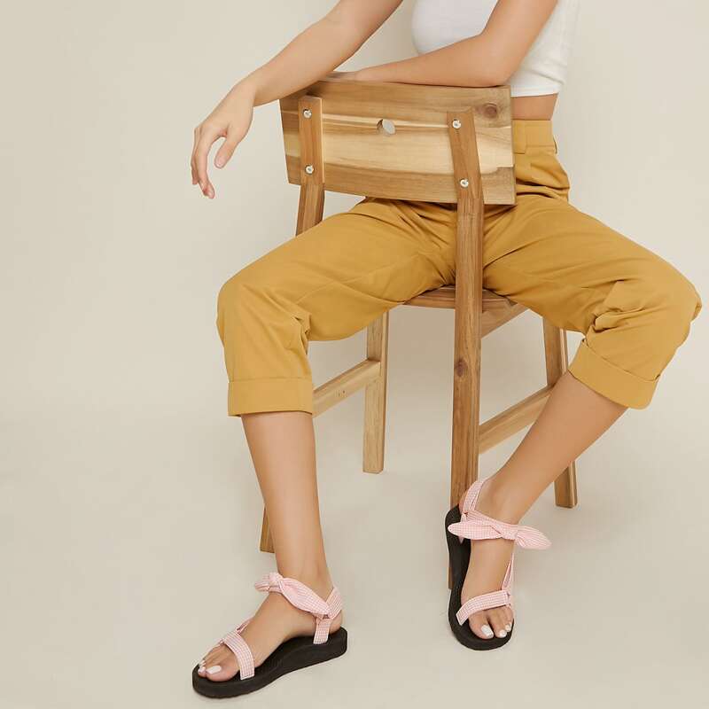 

Gingham Bow Detailing Hook-and-Loop Sandals, Pink