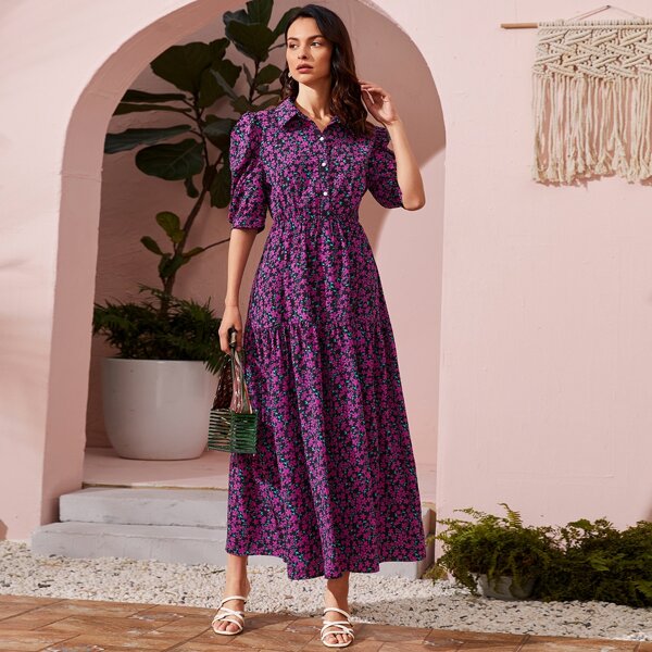 

Ditsy Floral Puff Sleeve Shirt Dress, Multicolor