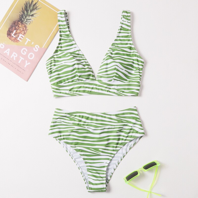 

Zebra Stripe High Waist Bikini Swimsuit, Green