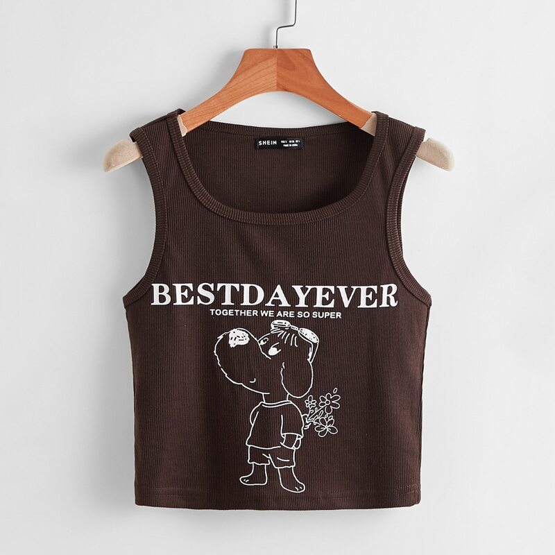 

Cartoon & Letter Graphic Rib-knit Tank Top, Chocolate brown