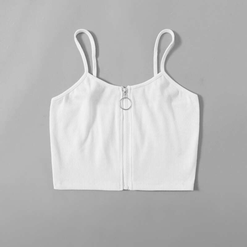 

Solid Zip Up Ribbed Crop Cami, White