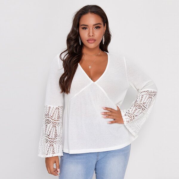 

Plus Contrast Lace Babydoll Tee, White