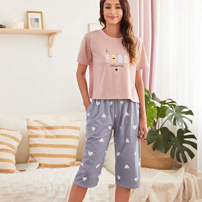

Letter & Heart Print Pajama Set, Multicolor