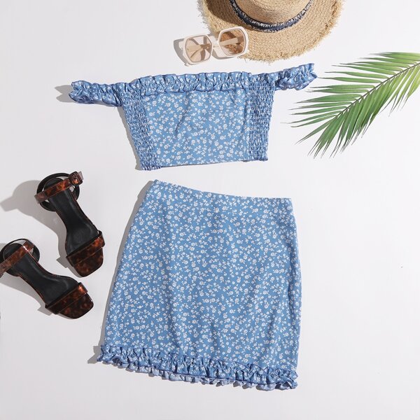 

Ditsy Floral Print Off Shoulder Shirred Top & Skirt Set, Blue