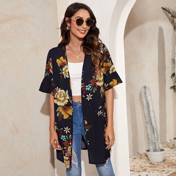

Floral Print Flounce Sleeve Kimono, Navy blue