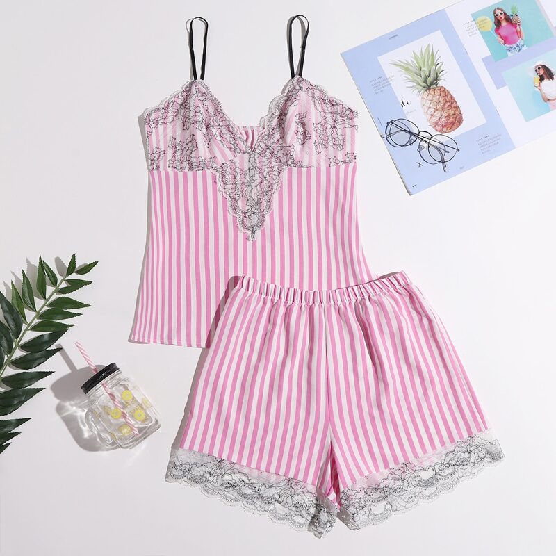 

Striped Print Contrast Lace Cami Pajama Set, Multicolor