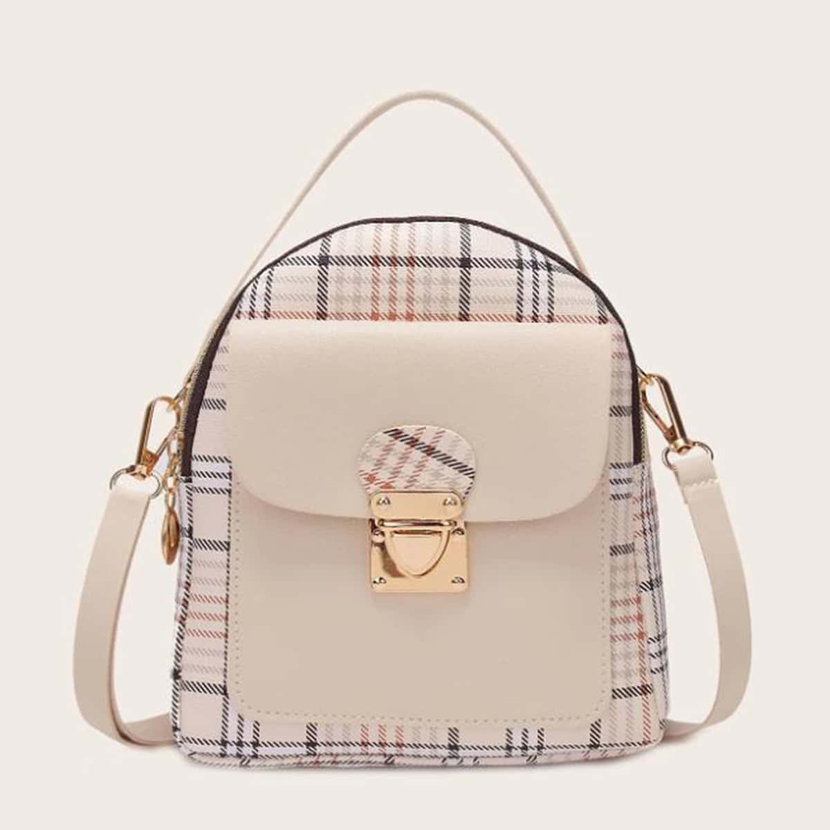 

Plaid Push Lock Backpack, Apricot