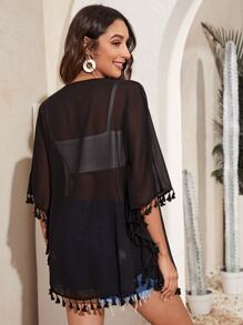 Tassel Trim Sheer Kimono, For Summer Beach Vacation - Black - View 2