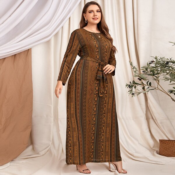 

Plus Geo Print Self Tie Maxi Dress, Multicolor