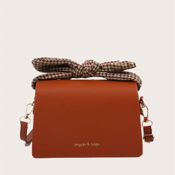 

Houndstooth Bow Knot Decor Crossbody Bag, Brown