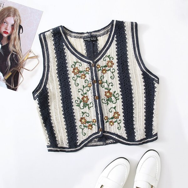 

Button Front Floral Embroidery Colorblock Cardigan, Multicolor