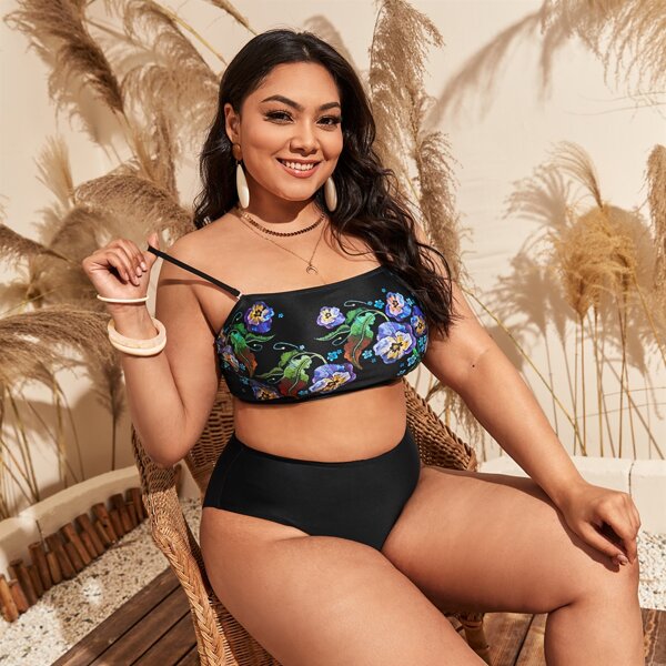

Plus Floral & Tropical Bikini Swimsuit, Black