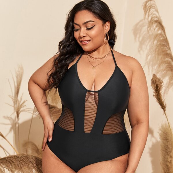 

Plus Mesh Insert One Piece Swimsuit, Black