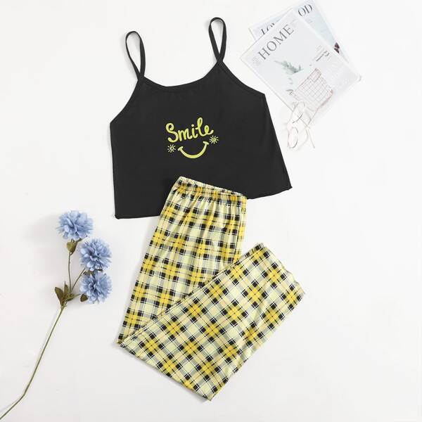 

Plus Letter Graphic Cami Top With Tartan Plaid Pants Pajama Set, Multicolor
