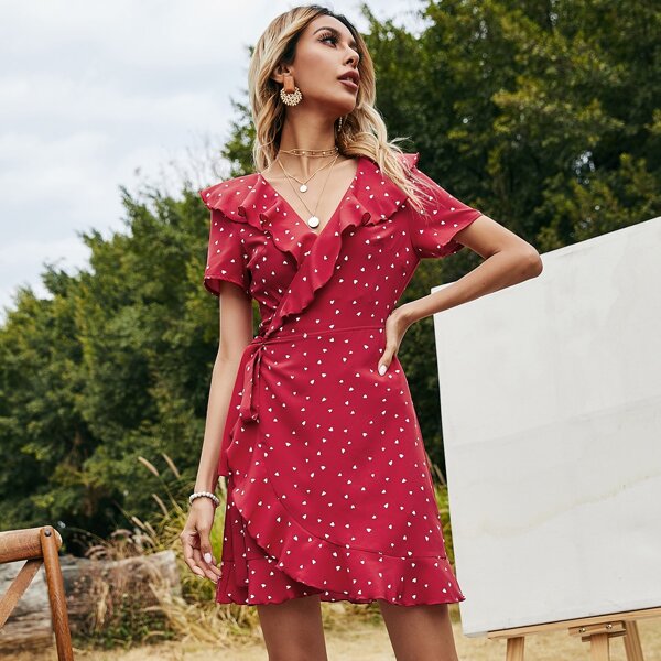

Wrap Tie Side Heart Print Dress, Burgundy