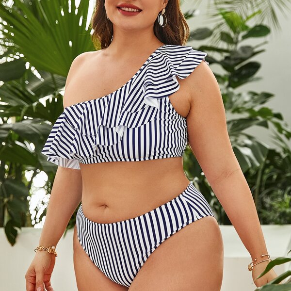 

Plus Striped Tiered Layer Bikini Swimsuit, Blue and white