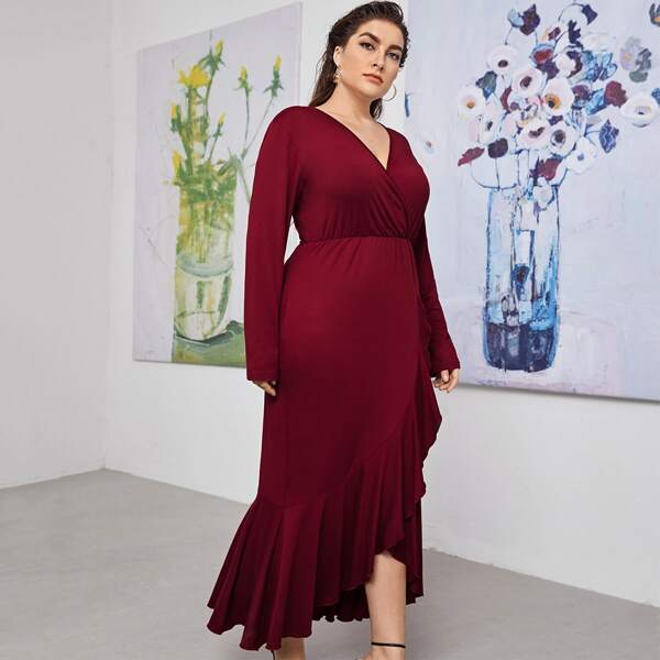 

Plus V-neck Ruffle Trim Wrap Prom Dress, Burgundy