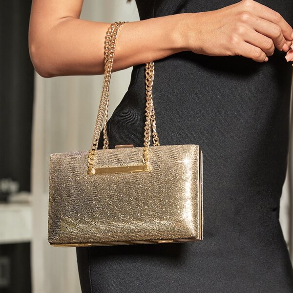

Glitter Chain Box Bag, Gold