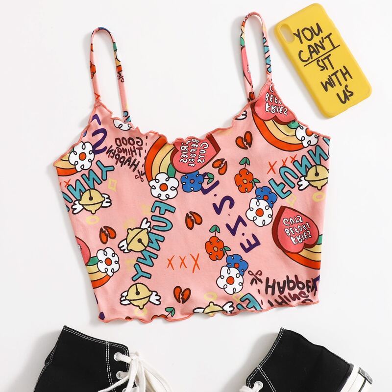 

Letter & Floral Print Cami Top, Multicolor