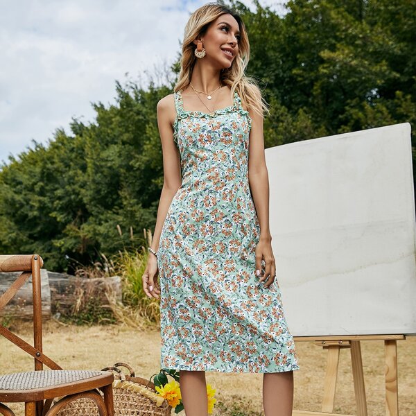

Frill Trim Ditsy Floral Print Dress, Multicolor