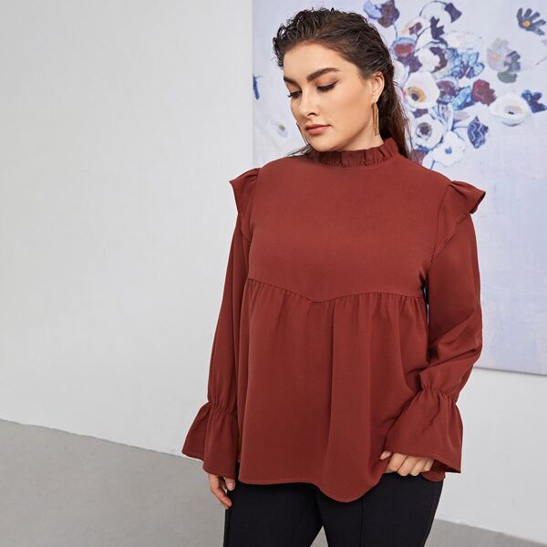 

Plus Ruffle Neck Flounce Sleeve Blouse, Redwood