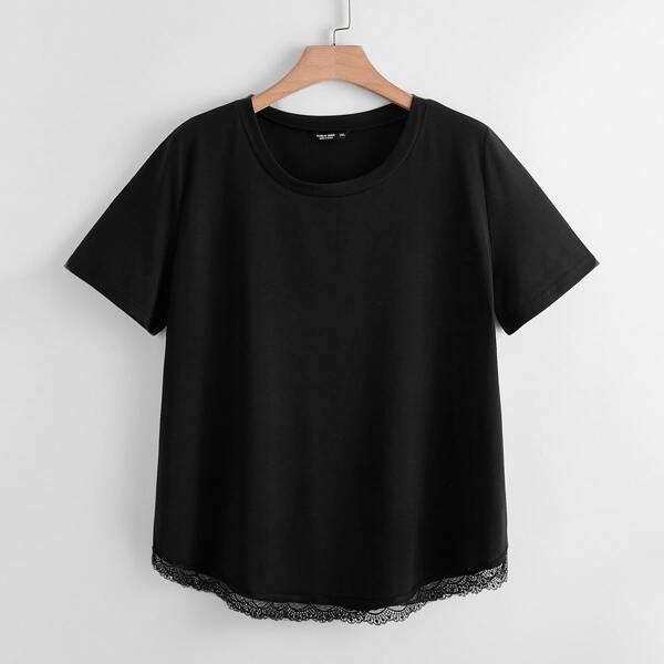 

Plus Solid Contrast Lace Hem Tee, Black