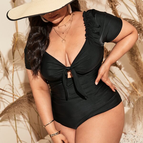

Plus Knot Front One Piece Swimsuit, Black