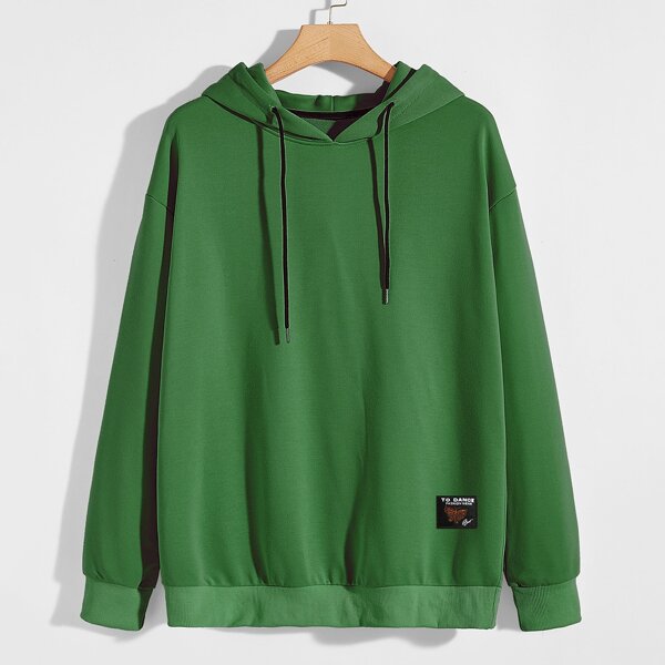 

Men Letter Patched Drop Shoulder Drawstring Hoodie, Green