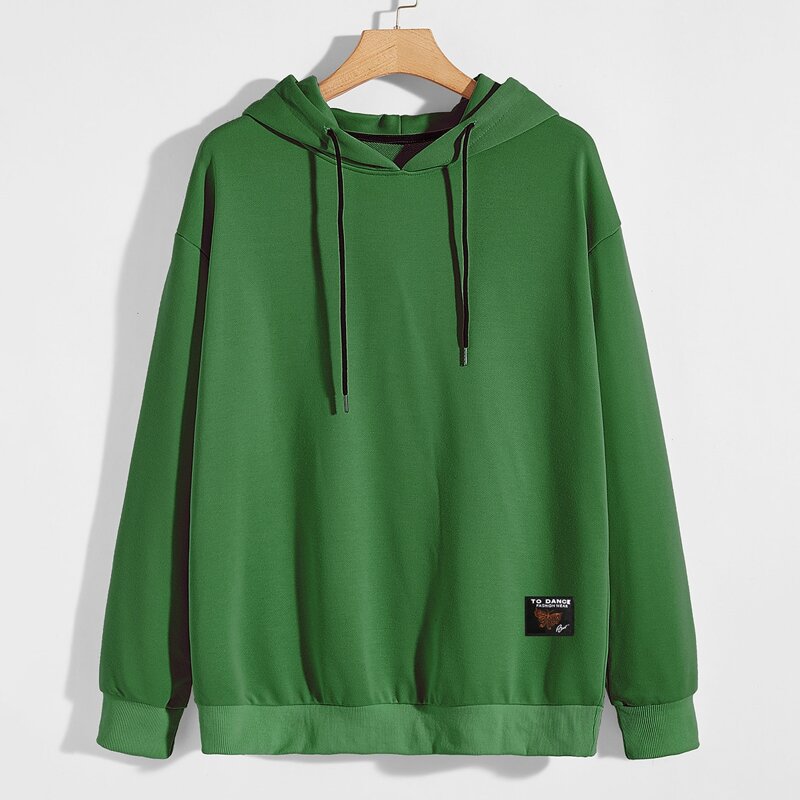 

Guys Letter Patched Drop Shoulder Drawstring Hoodie, Green