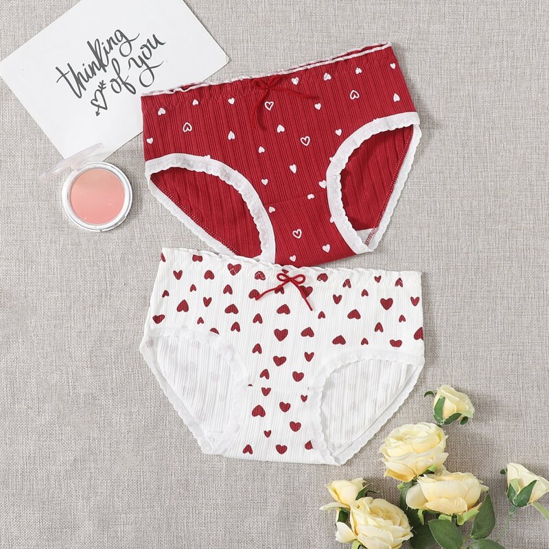 

2pack Heart Lace Trim Panty Set, Red and white