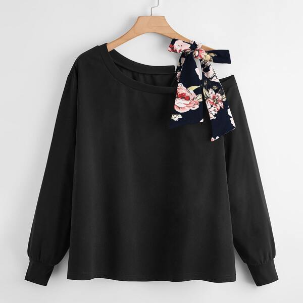 

Plus Floral Print Knot Asymmetrical Neck Sweatshirt, Black