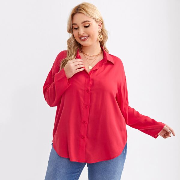 

Plus Drop Shoulder Slogan Graphic Blouse, Red bright