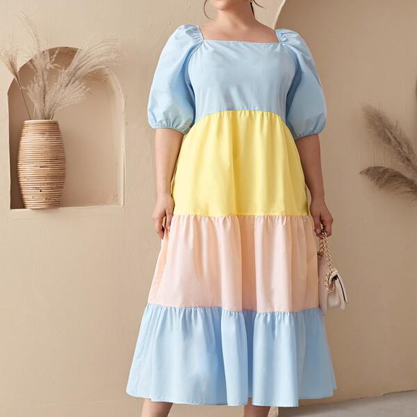 

Plus Puff Sleeve Colorblock Dress, Multicolor