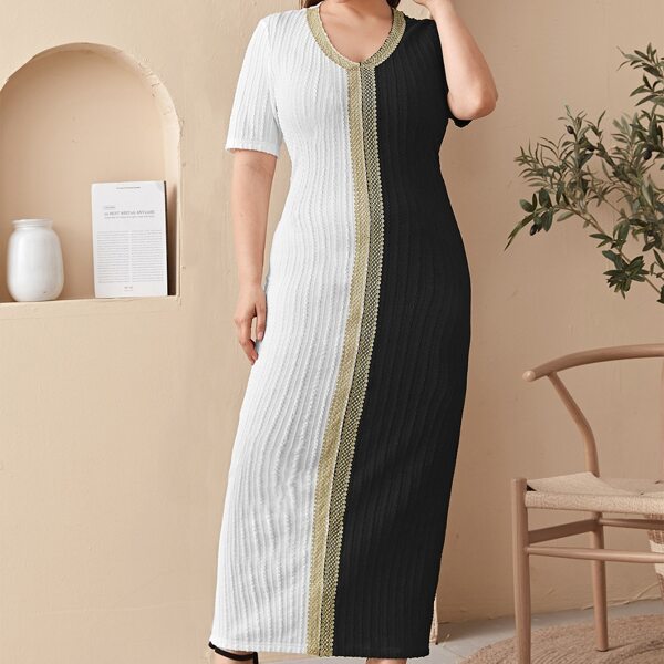 

Plus V-neck Tape Detail Spliced Dress, Black and white