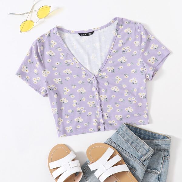 

Ditsy Floral Single Breasted Tee, Lilac purple