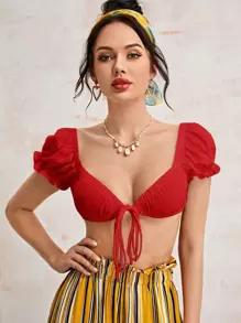 Soleia 荷葉邊袖前繫帶短版上衣 - 紅色 - 查看 1