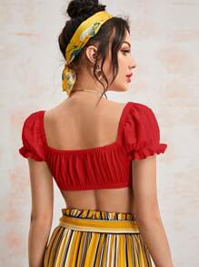 Soleia 荷葉邊袖前繫帶短版上衣 - 紅色 - 查看 2