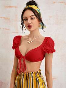 Soleia 荷葉邊袖前繫帶短版上衣 - 紅色 - 查看 3