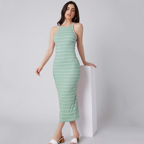

Rib-knit Striped Bodycon Dress, Mint green