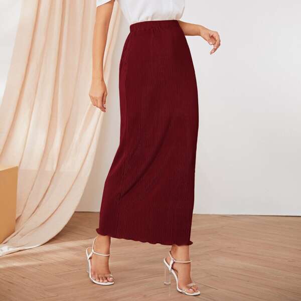 

Rib-knit Lettuce Trim Hem Skirt, Burgundy