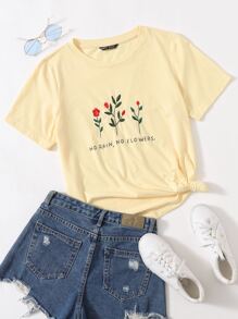 Muchica Slogan and Floral Embroidery Top - Yellow - View 1
