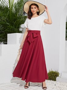 Modelyn Bow Tie Wide Waistband Maxi Skirt - Burgundy - View 5