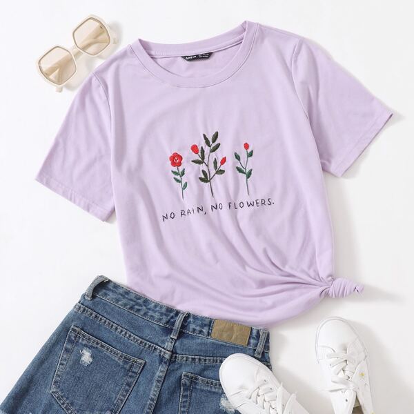 

Slogan and Floral Embroidery Top, Pastel lilac purple