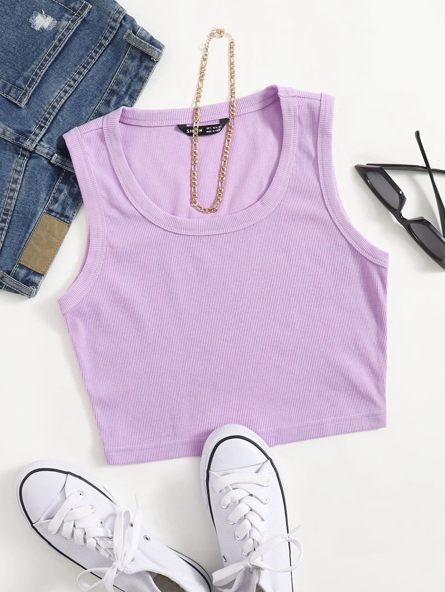 SHEIN EZwear Scoop Neck Solid Tank Top - Lilac Purple - View 1