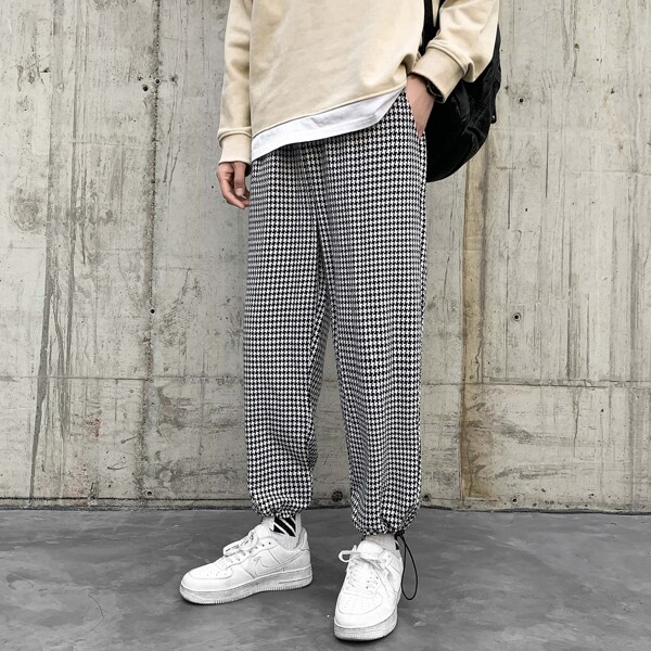 

Men Houndstooth Print Drawstring Waist Sweatpants, Black and white