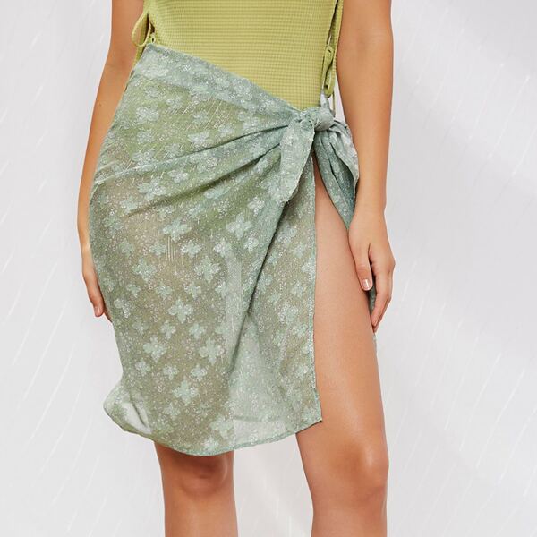 

Split Thigh Tie Side Floral Cover Up Skirt, Mint green
