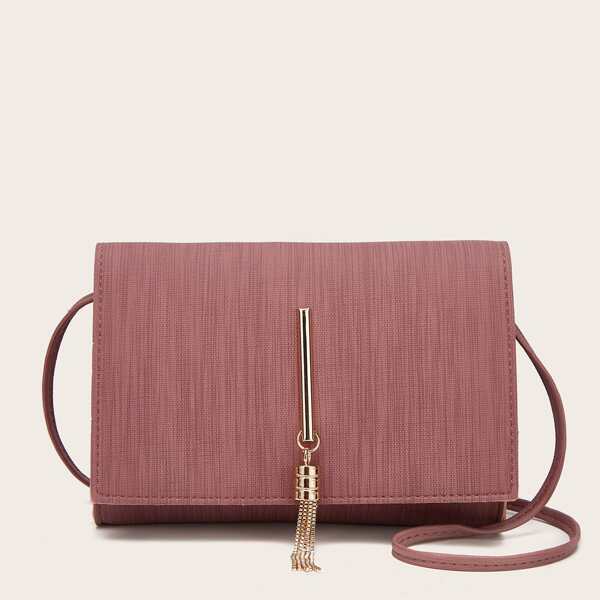 

Metal Tassel Decor Flap Crossbody Bag, Redwood