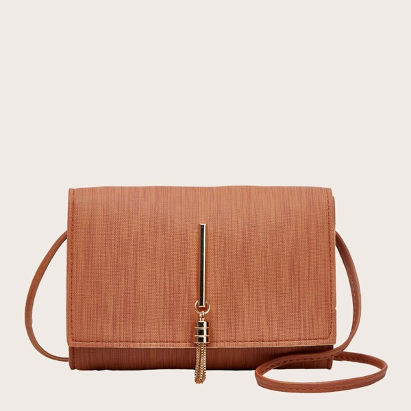 

Metal Tassel Charm Flap Crossbody Bag, Brown