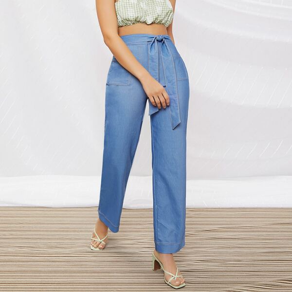 

Zipper Fly Patch Pocket Solid Pants With Belt, Blue